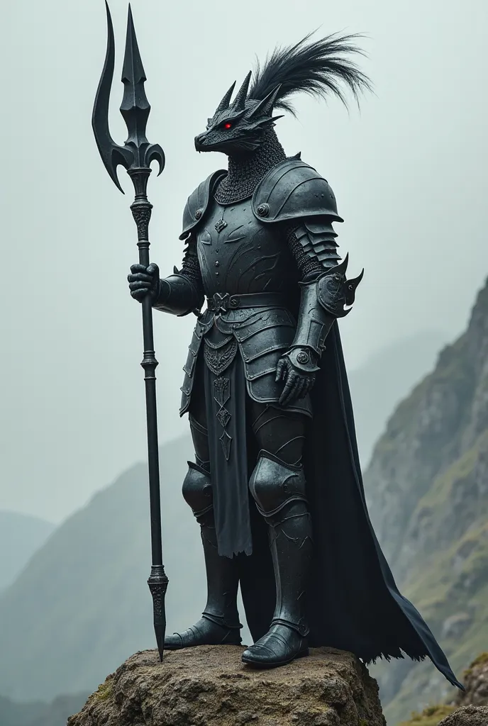 A tall knight I’m slim black metal armour, perched on top of a rock while crouched and holding a shadow black spear, with a dragon helmet that had a long black plume, with runes in the spear and armour