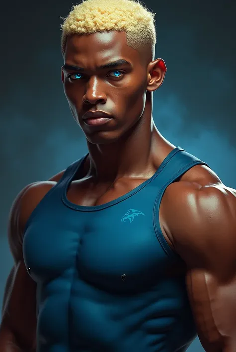 The model is wearing a tank top,  is a young black man , with short blonde hair,  blue eyes, and has a strong body, He looks like Aqualad from Juvenile Justice