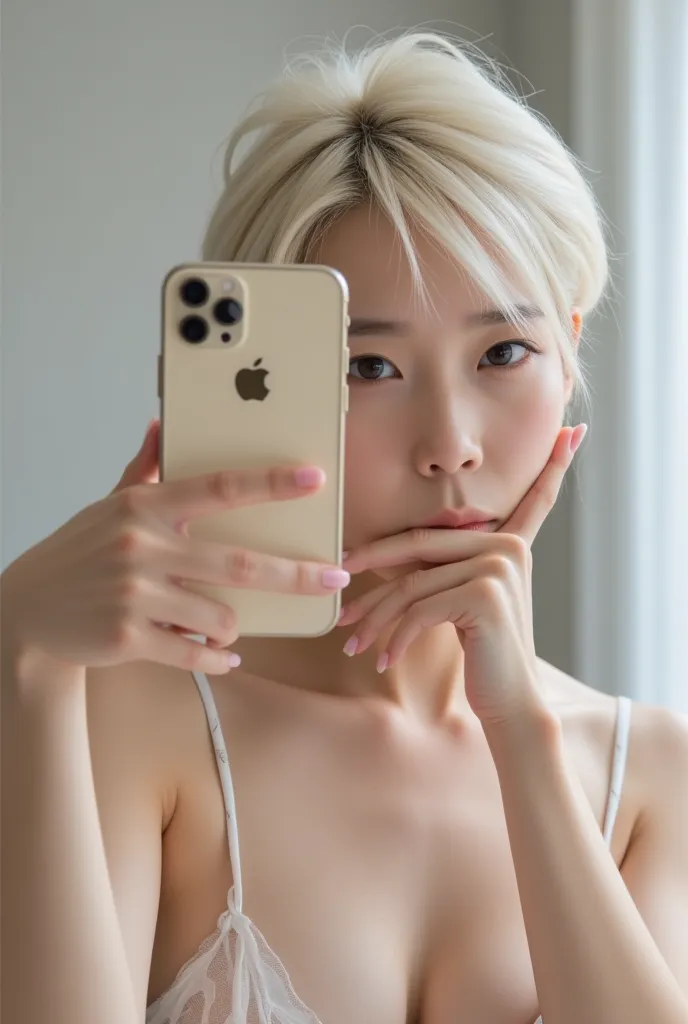 Japanese idol women, adorable 22 year old、pixie hair, white blond hair, room full an awful lot of Feather floating around her,  is wearing a transparent camisole。My upper body is reflected in the mirror . With iPhone in hand、 I'm taking a selfie of myself ...