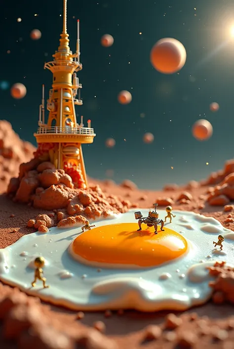 Create a mesmerizing animation of Aliens exploring a surreal alien landscape where a giant fried egg serves as the terrain. The scene starts with a slow zoom-in from space, revealing the cosmic breakfast planet. Tiny aliens explorers carefully walk across ...