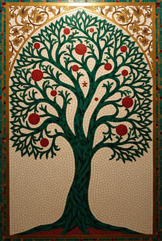 An exquisite mosaic painting featuring the ‘Tree of Life’ in Islamic art, composed of thousands of small hand-cut tiles in shades of emerald, turquoise, and ruby red. The symmetrical tree branches extend gracefully, adorned with delicate pomegranates and f...