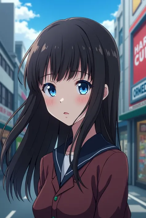 "Screenshot tokyo revengers"  A 15-year-old girl,white and delicate skin,bright and flashy blue eyes,Eyes in the shape of Siren Eyes,long straight dark brown hair without bangs