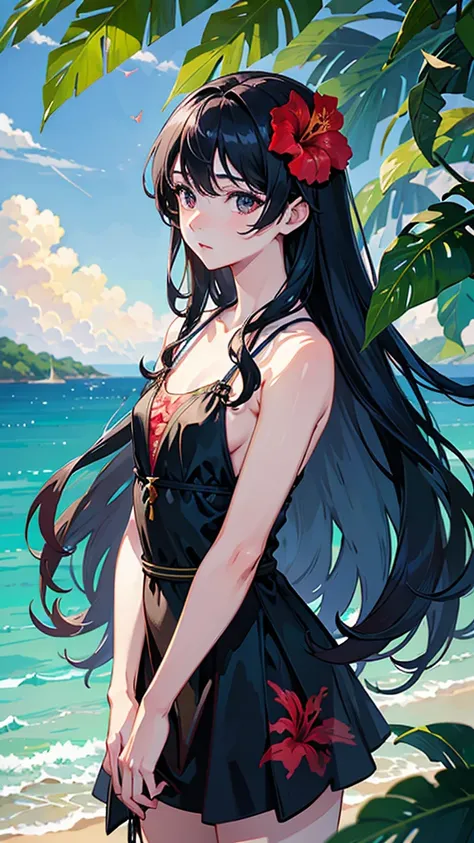 anime, Beautiful boy like a beautiful girl with long black hair with wavy hair、Flat chest、 tropical seaside 、tropical hibiscus flowers々、Flying Butterflies 々, Overall view from the front, best quality, 4K, 8k, high resolution, masterpiece, ultra-detailed, r...