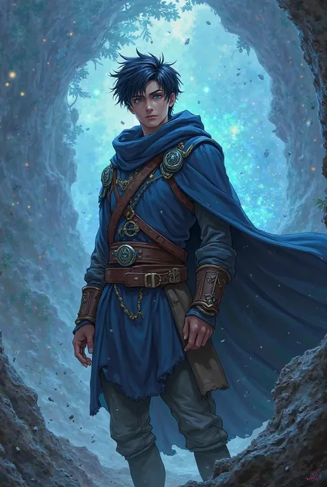 male,black hair,blue eye,anime,wear Traveler’s Clothes and is have a hood ,dnd theme,white skin,