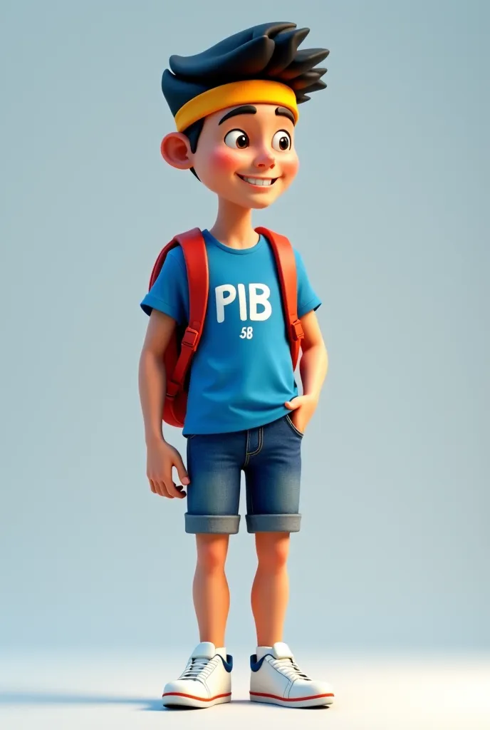 Create an ultra realistic Pixar-style HD image, of a young man, smiling, between 16 and 18 years old, And thinking , He has a backpack on his back, The young man has black hair wears a headband on his forehead he is wearing a blue shirt, With the acronym P...