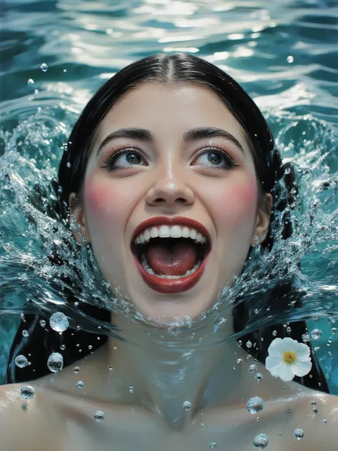 Pure ecstasy portrait featuring a person with open mouth, relief expression with an amazing smile, breathing movement, emerging from water, surrealistic composition, dreamlike.