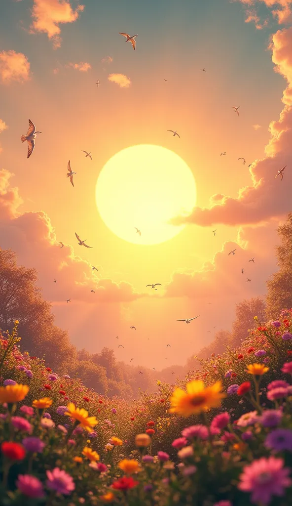 an image of a beautiful sunrise, With an illuminated sun, full of flowers and birds all around