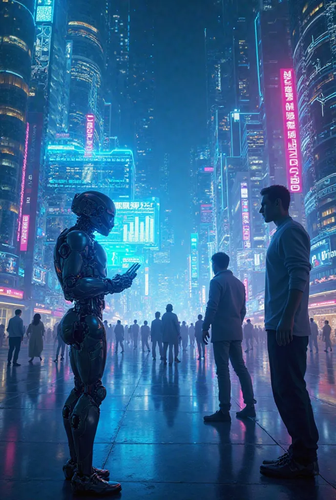 "A futuristic, high-tech animation showcasing artificial intelligence in action. The scene is filled with holographic interfaces, glowing neon circuits, and a sleek cyberpunk cityscape. AI-powered robots interact with humans, analyzing data through floatin...