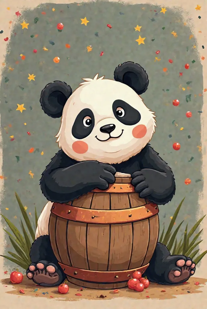 Sur un blason de style médiéval, panda couché endormi sur une colline, il est dans ses rêves et rêves de confettis et de fêtes, bouteille de bière, bouteille de vins,
Mode cartoon, logo simple vectorié