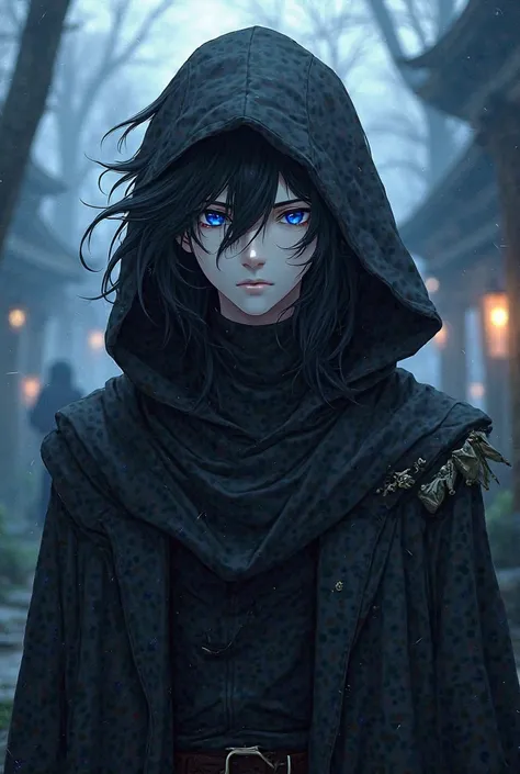 male,black hair,blue eye,anime,wear black Traveler’s Clothes and is have a hood ,dnd theme,white skin,