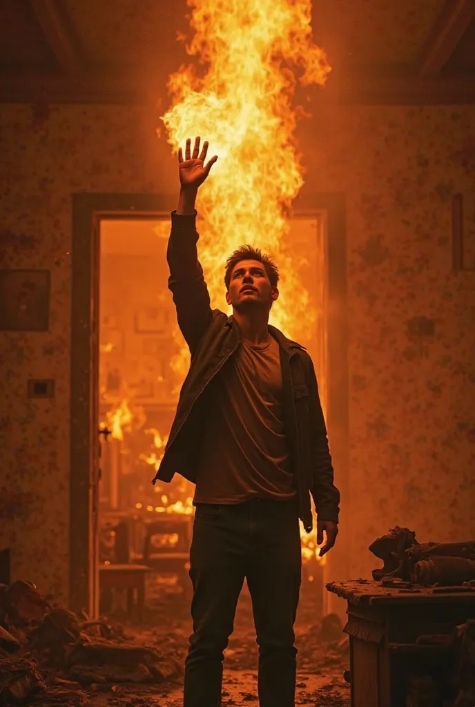 Create a poster for me where I am in a burning room and a young man and in the middle raises his hand to the sky where there is fire coming out of his hand 