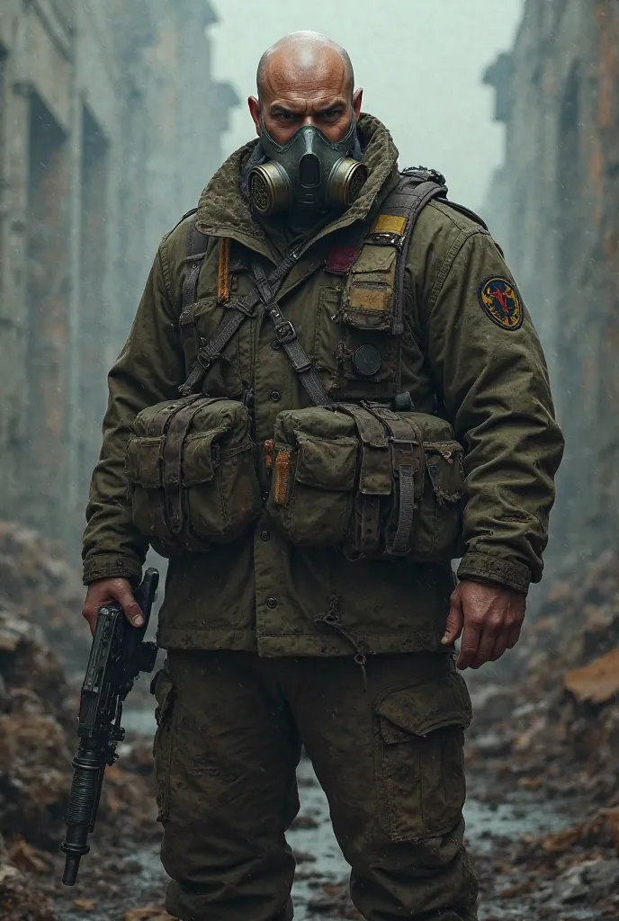 Bald man, Russian soldier,Big body,Wear a gas mask 