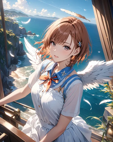 A Floating Feather, coastal, Angel, ( Misaka Mikoto), masterpiece, highest quality, UHD, retina, masterpiece, accurate anatomy, super detailed, high quality, best quality, 8k