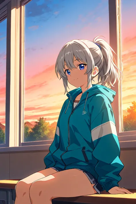 
A high school girl with gray hair and a ponytail wearing a windbreaker、It's dusk sitting on a classroom window sill。