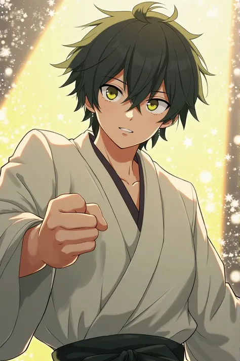 solo, High Resolution, masterpiece,  black hair and green hair（1:2） male,Putting up a fist,Hakama,Snow Sakura,handsome,I'm looking at the front, eyes are yellow,emits a golden aura from its body,stuffed seal.