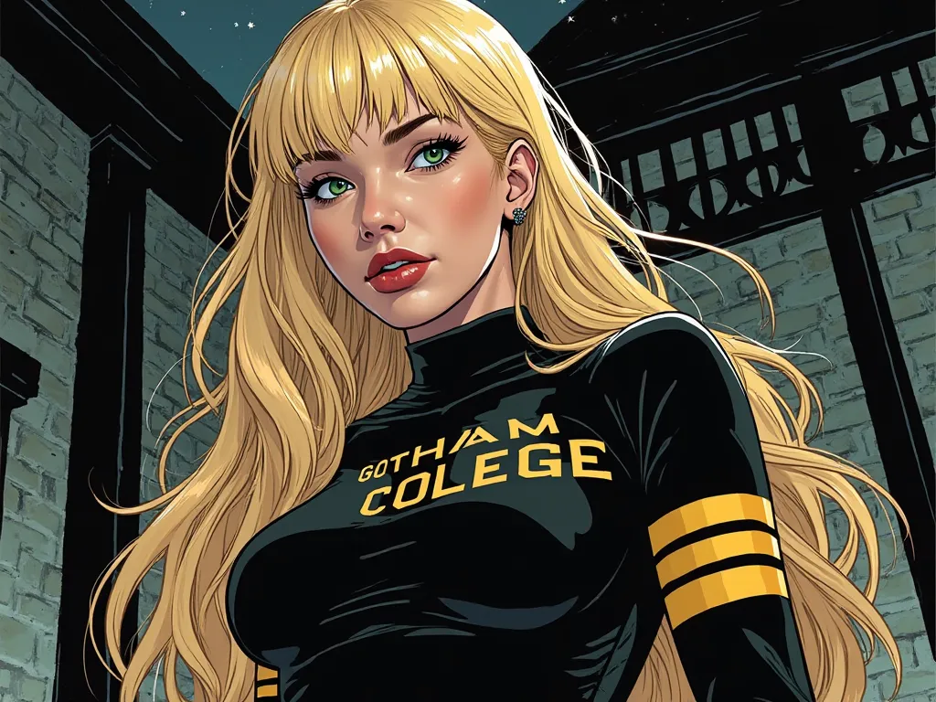 A woman who resembles Courtney Whitmore from DC Comics, age 18 and young. with a slender, youthful face,
white skin. Her eyes are green and she has long, thick, wavy blonde hair with bangs. She wears a stylish black uniform with Gotham College written on i...