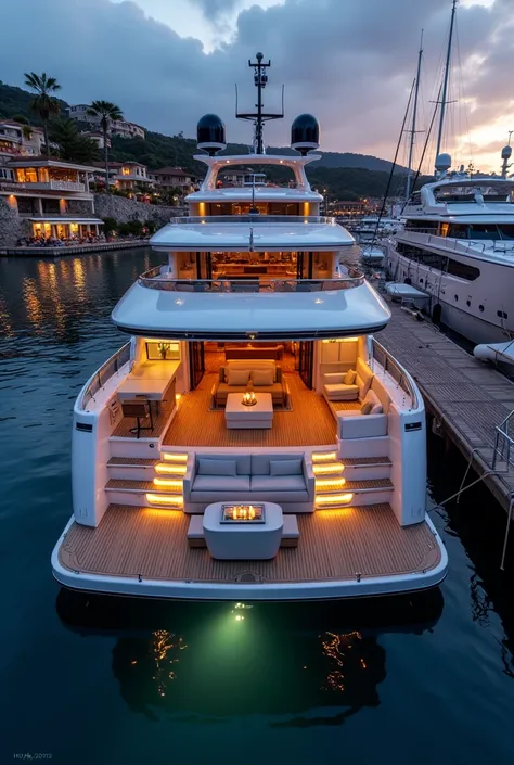 a private boat in a luxury port. Full of speakers powerful enough to party up to 50