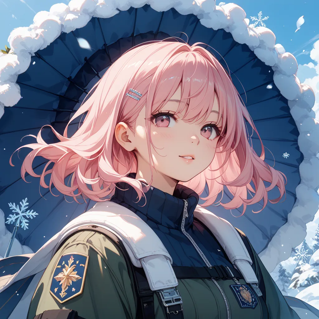 1 woman、long pink hair、 pink eyes、 beautiful and cute、Military cold protection、cold weather background