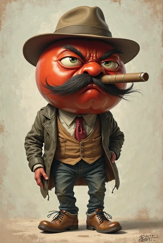 Create the image of a tomato with a man's face, A cigar in the mouth, Some shoes and a hat