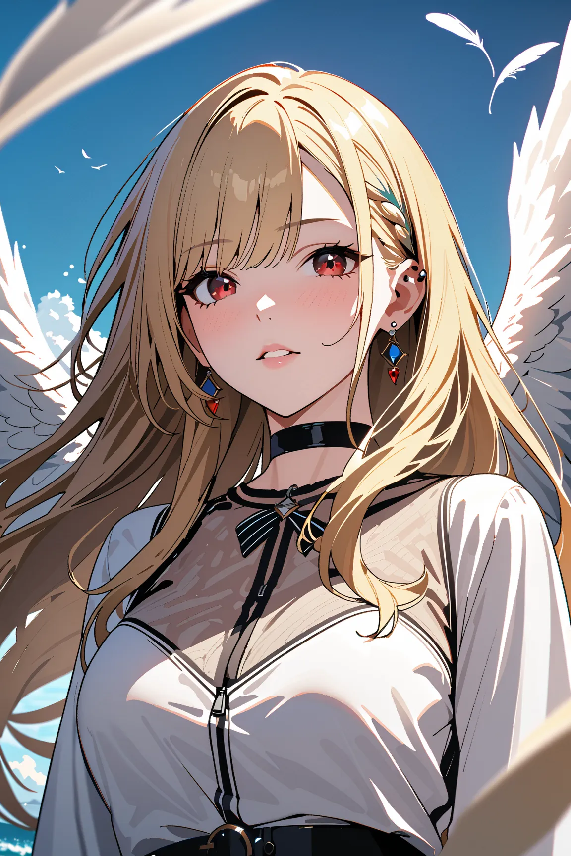 A Floating Feather, coastal, Angel,  kitagawa marin ,  1girl , blonde hair, long hair, multicolored hair, red eyes, jewelry, earrings, piercing, black choker, masterpiece:1.5, highest quality, UHD, retina, masterpiece, accurate anatomy, super detailed, hig...