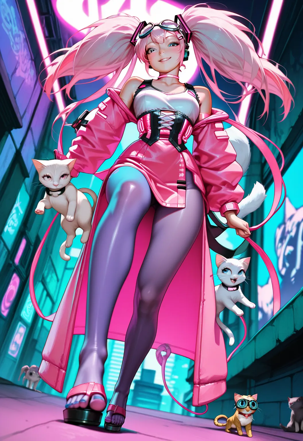   Hatsune Miku, ,long hair,twin tails from above , chest,  pink eye,  video viewers ,hip vent ,hair clips, bangs, Tying up hair ,  Sandals on the skin  , choker, big goggles on the head,kitten, Future Neon City,pink clothes ,dynamic pose,smile, Gold,kitten...