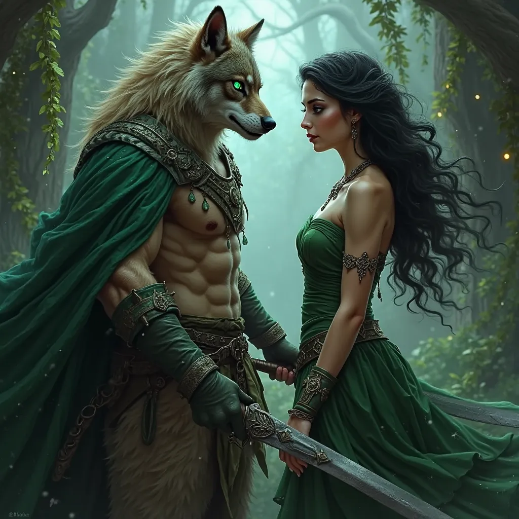 Creating an image of a wolf man (he has green eyes and a green cloak at his side) is a sexy woman with black hair and blue eyes, he both have a sword in his hand. 