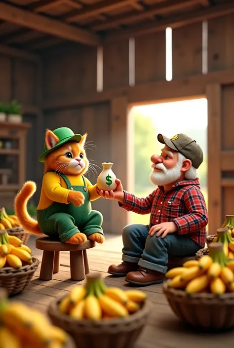 A cute orange cat dressed as a farmer, wearing a green cap, yellow shirt, and green overalls, sitting on a wooden stool inside a rustic barn. The cat is holding a money bag with a dollar sign, receiving payment from an elderly man with a white beard, weari...