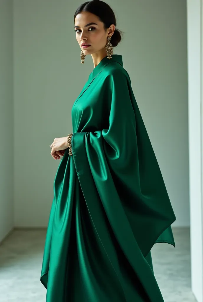 Emerald green with a modern drape: A classic silk saree with a sleek belt or cape-style drape for a contemporary touch.