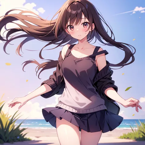 a young woman with medium length brown hair and bangs、standing outside on a windy day. her skirt flips up due to a sudden wind, and she tries to hold it down with both hands, Press it against her thigh. Her expression shows surprise and bewilderment, Littl...