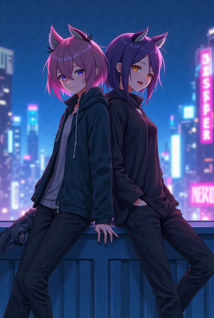 Two anime characters, (ethnicity:1.2), (age:1.1), (detailed clothing:1.2), (accessories:1.1), (facial features:1.3), (expression:1.2), (body type:1.1), (pose:1.2), leaning on a futuristic rooftop, (detailed lighting:1.2), (detailed architectural elements:1...