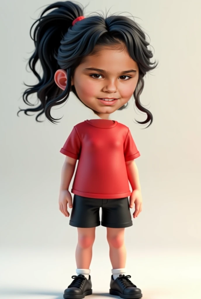 Use the exact face from the source image. Put the face into a full-body 3D Avatar of a chubby, young girl wearing black shoes, black shorts, and a red shirt. Good head-to-body proportion. Use the precise Face from the source image. Add a black, thin, curly...