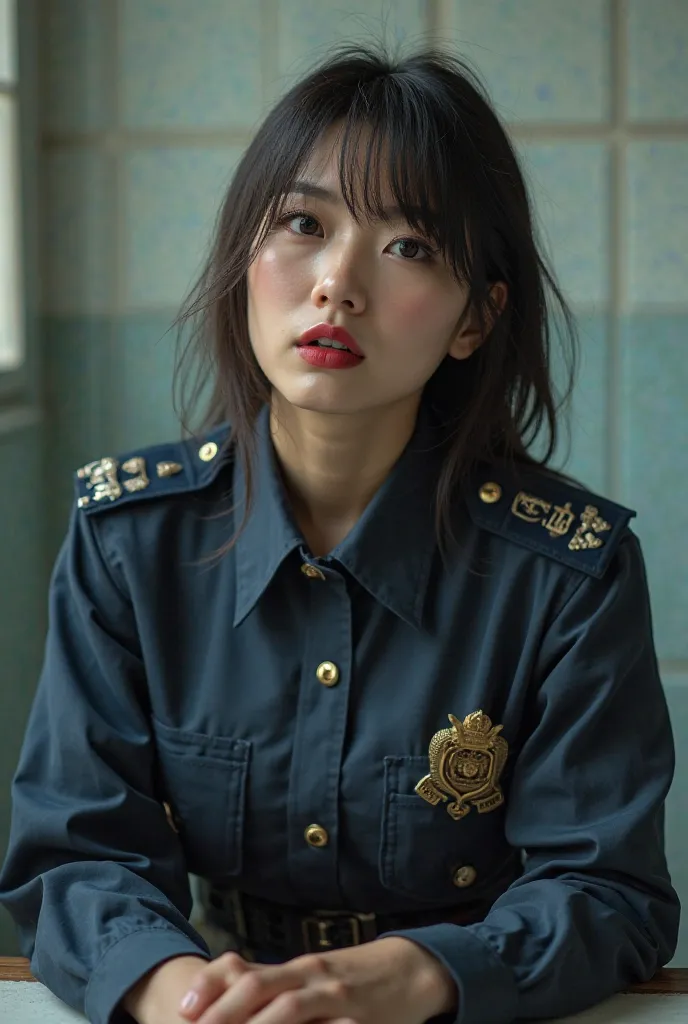 A beautiful japanese woman wearing a japanese police uniform.she have red lipstick,facial hair, brown eyes.she in the jail room.she with police man.she's hands on the jail table.she have no skirt.she in doggy style.she backside police man without pant.she ...