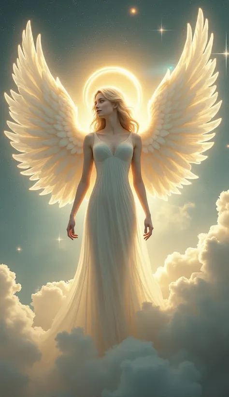 A celestial angel with radiant white wings and a golden halo.
