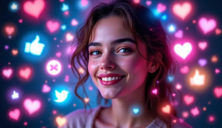 A photorealistic illustration of young woma smiling slightly, surrounded by a vibrant aura of floating social media icons. The scene features hearts, likes (thumbs-up symbols), comment bubbles, and other popular social network emblems gently hovering aroun...