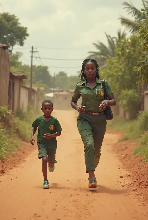 
A age Nigerian boy running after his female teacher who is in her NYSC uniform , but she doesn’t turn back, continuing down a dusty road.