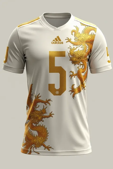 A white ivory-colored soccer jersey with Chinese gold-colored dragons I want front and back: It will be with number 5.                                 forehead: Adidas symbol in the middle.            