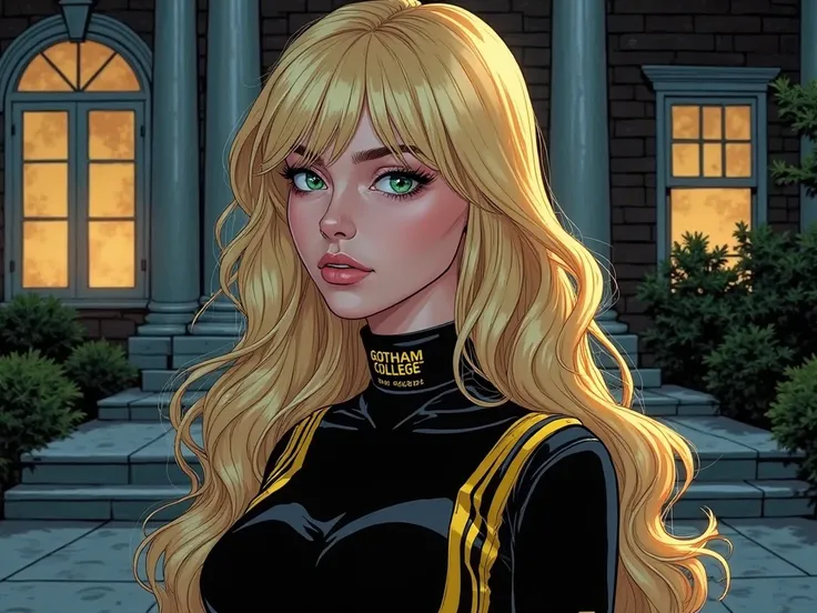 A woman who resembles Courtney Whitmore from DC Comics, age 18 and young. with a slender, youthful face,
white skin. Her eyes are green and she has long, thick, wavy blonde hair with bangs. She wears a stylish black uniform with Gotham College written on i...