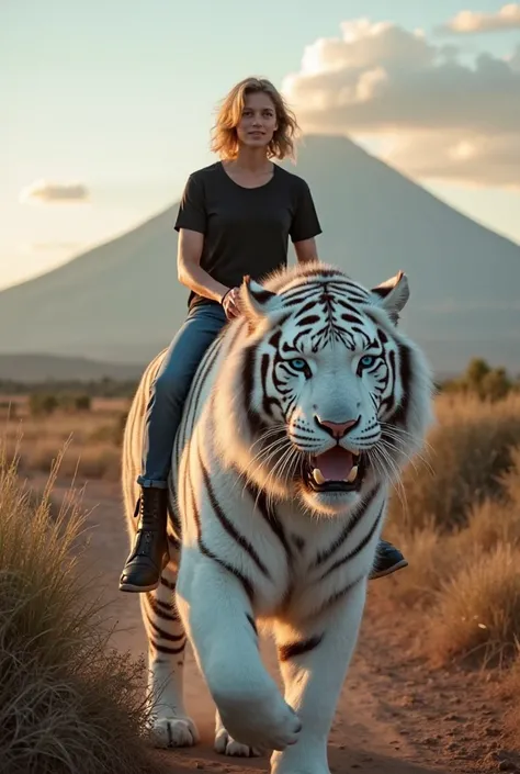 Use my photo wearing a black t-shirt and black jeans, riding a giant white tiger 4D , and is looking straight at the camera . the 4D giant white tiger is scary and much larger than her normal, with a lot of white hair on the person , and blue eyes. against...