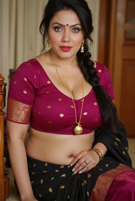 Hot curvy women, sitting in wooden bed tied of ropes,in a wine designer polka sleeveless blouse and black design saree,inside a hut,blue eyes,thick black eyeliners,eyelashes,red glossy lips,gold bangles in hand,both hands rested in wood of bed, looking str...