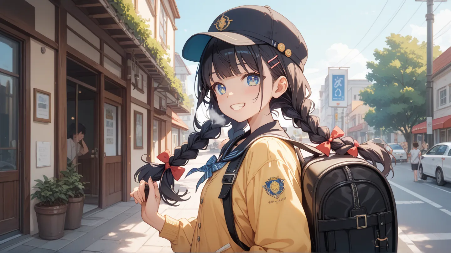 1 girl、cute、younger sister、 black hair long hair、simple background、 has red cheeks、smile、 gym clothes、 double braids、 elementary school student、 rough breath、 has blue eyes、have twinkling eyes、show my teeth and laugh、backpack、 yellow hat、
 standing picture...