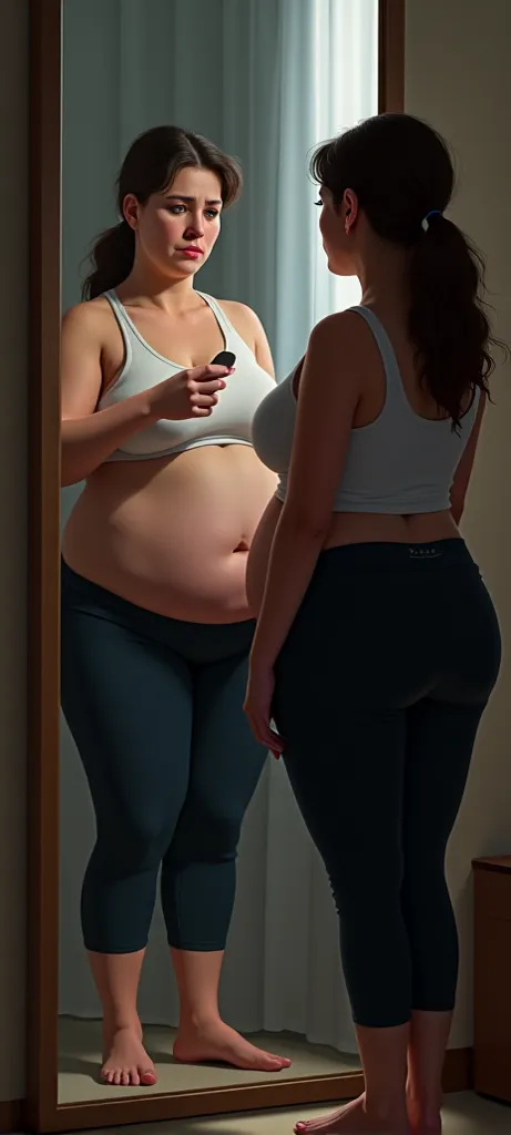 A spoon with gym clothes holding the belly with fat and nieces, She is in front of a mirror with a sad face 