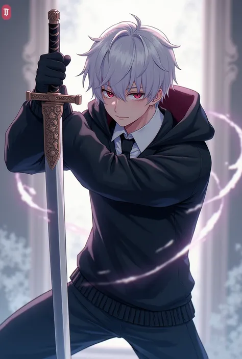 A young man, a ager, white hair, short hair, red eyes, wearing a white shirt underneath. There is a black tie. Wear a long sleeve sweater with a black hood. Wearing black pants, black shoes, and pulling a sword out of the hatch. There was a spirit aura eff...