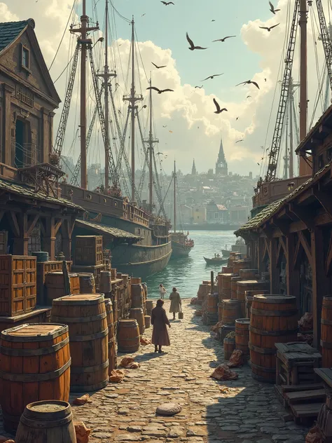 leith docks: The bustling port of the city of Edinburgh, where merchants, sailors and adventurers bring exotic goods, Regency period absence of people