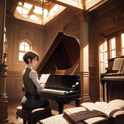 Rebecca Chambers wearing a white tactical vest playing the piano in a room of a luxurious old castle with wooden details, dark shady location