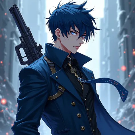 male,black hair,blue eye,anime,white skin,gunslinger but not show a gun,dnd