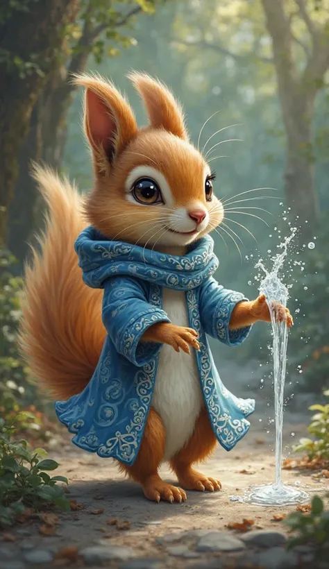 The image portrays a small, anthropomorphic squirrel walking slowly with an air of quiet determination. Its fur is soft and well-groomed, a mix of warm browns and golden hues, contrasting with its large, expressive eyes that seem filled with wisdom. Its bu...