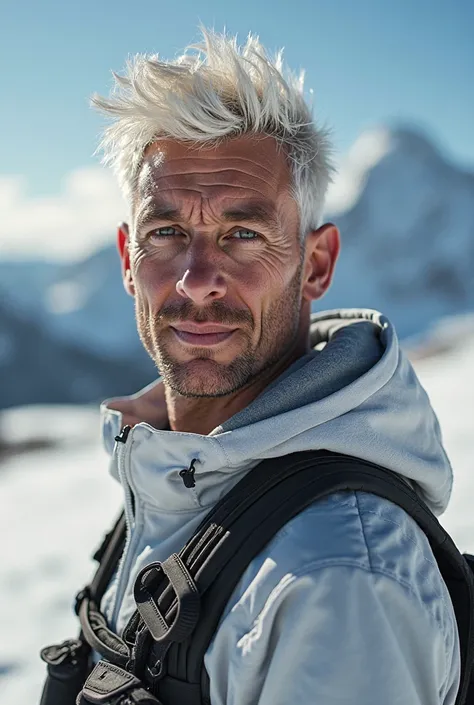 Un portrait avec une gars athlétique, qui pratique de l'athlétisme qui fait attention a son corp , cheveux boucle avec des mèches colorer en blanc,le gars doit être a la montagne , il doit être plutot bien habiller , met des choses qui me représentent comm...