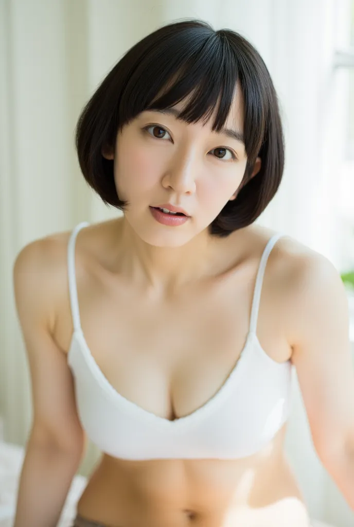   cute face like an idol ,  Japanese Woman, Her Hair、short bob, Straight black hair with bangs .,   white skin,  Growing Skin  , naked and wearing only white thin shirts., ,  with chest and knees, cleavage is visible,  feet , Top-Down Configuration,  brigh...