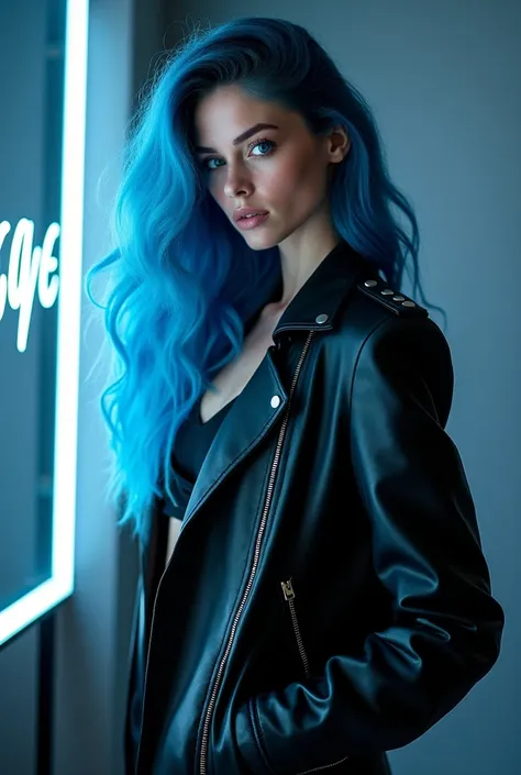 "A 19-year-old model with Nordic features and Russian descent, long wavy bright blue hair,  intense blue eyes and fair skin .  She wears a modern and elegant outfit , composed of a leather jacket and an avant-garde fashion outfit. You are standing in a stu...