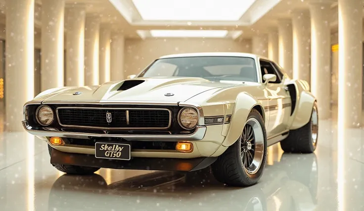 "An ultra-realistic image of the left-angle view with  front of a futuristic 1970 Shelby GT350. The car features a large, imposing, and aerodynamic design with a glossy, cream-colored shiny exterior. The left-angle view rear end has a wide, aggressive gril...